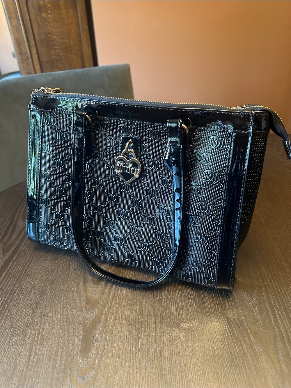 Juicy Couture Black Patent Logo Tote with Heart Charm